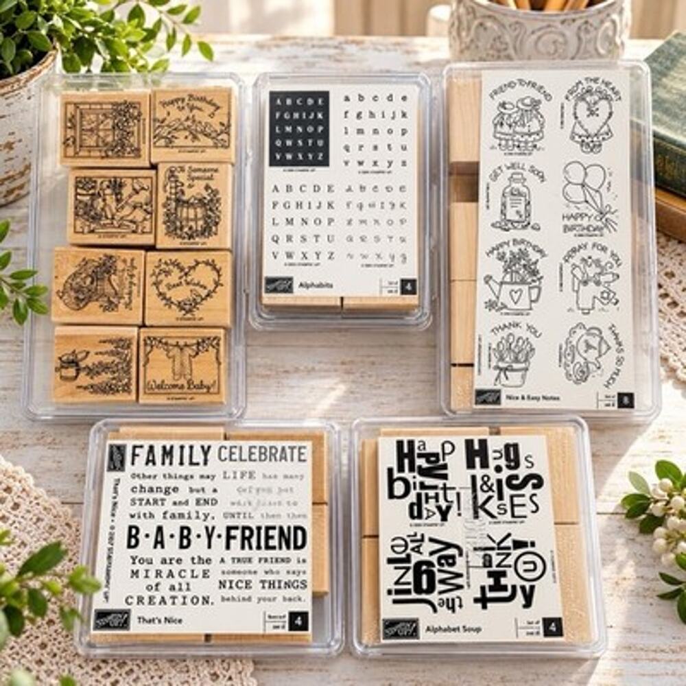 Stampin Up Wood Stamp Lot # 8 - 5 Sets Retired Alphabet Soup Alphabit Feathered